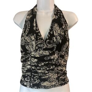 Carmen Marc Valvo Black and Ivory Ruched Silk Halter Top